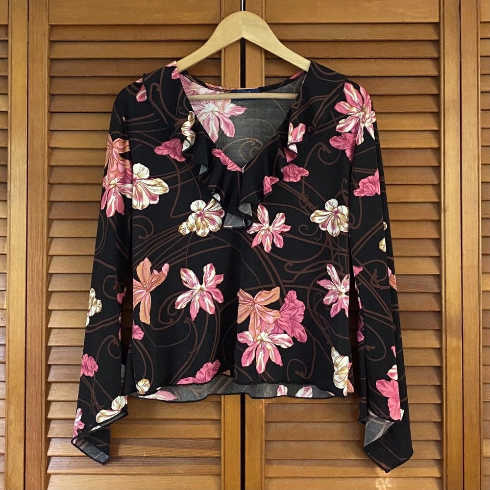 Vintage Y2K RAG Brand Top Large Fairycore Ruffle Front Floral Long Sleeve V-Neck